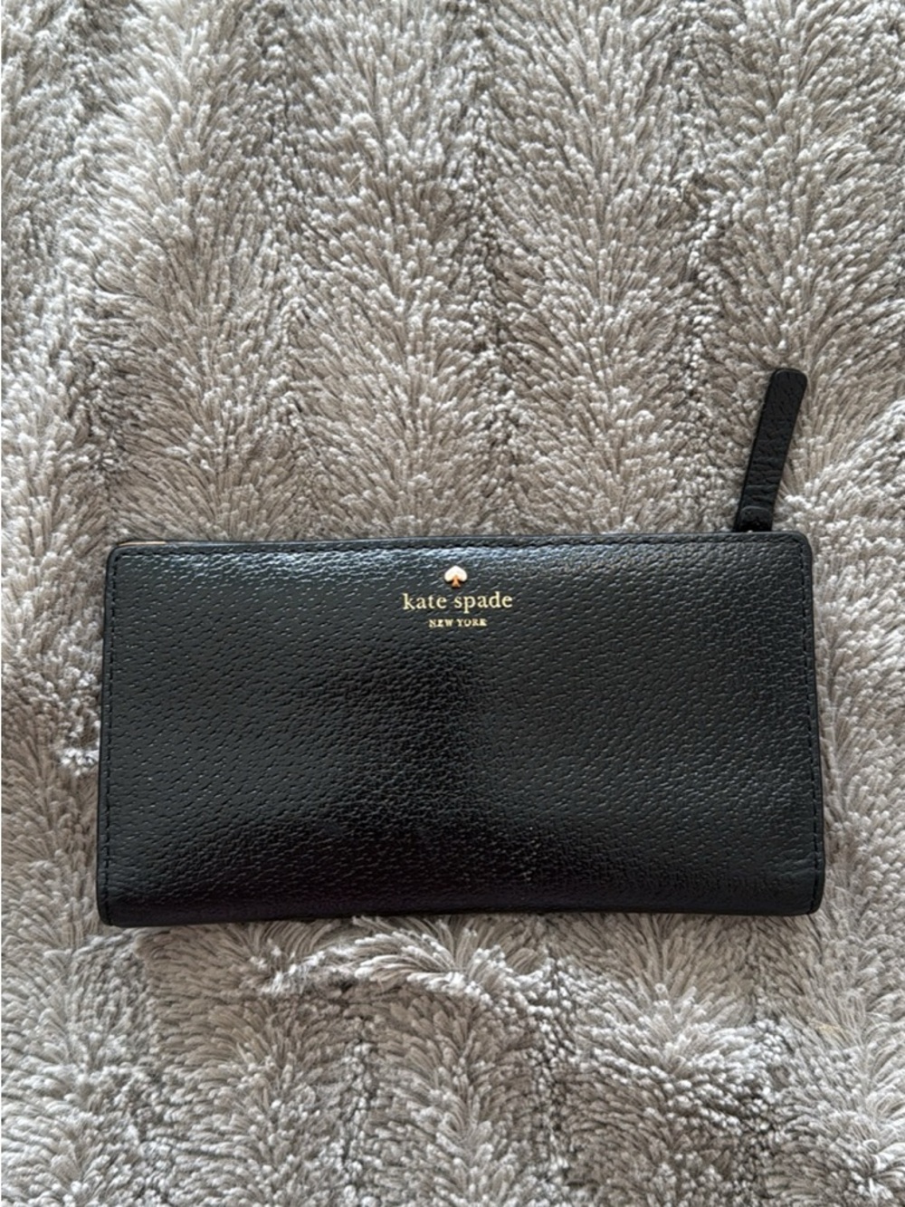 kate spade Black Pebbled Leather Zip-Around Wallet with Gold Logo